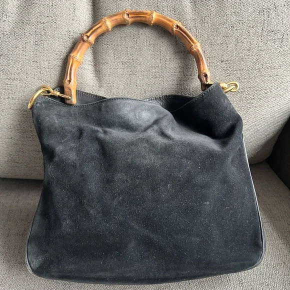 Gucci Black Suede Bamboo top handle bag